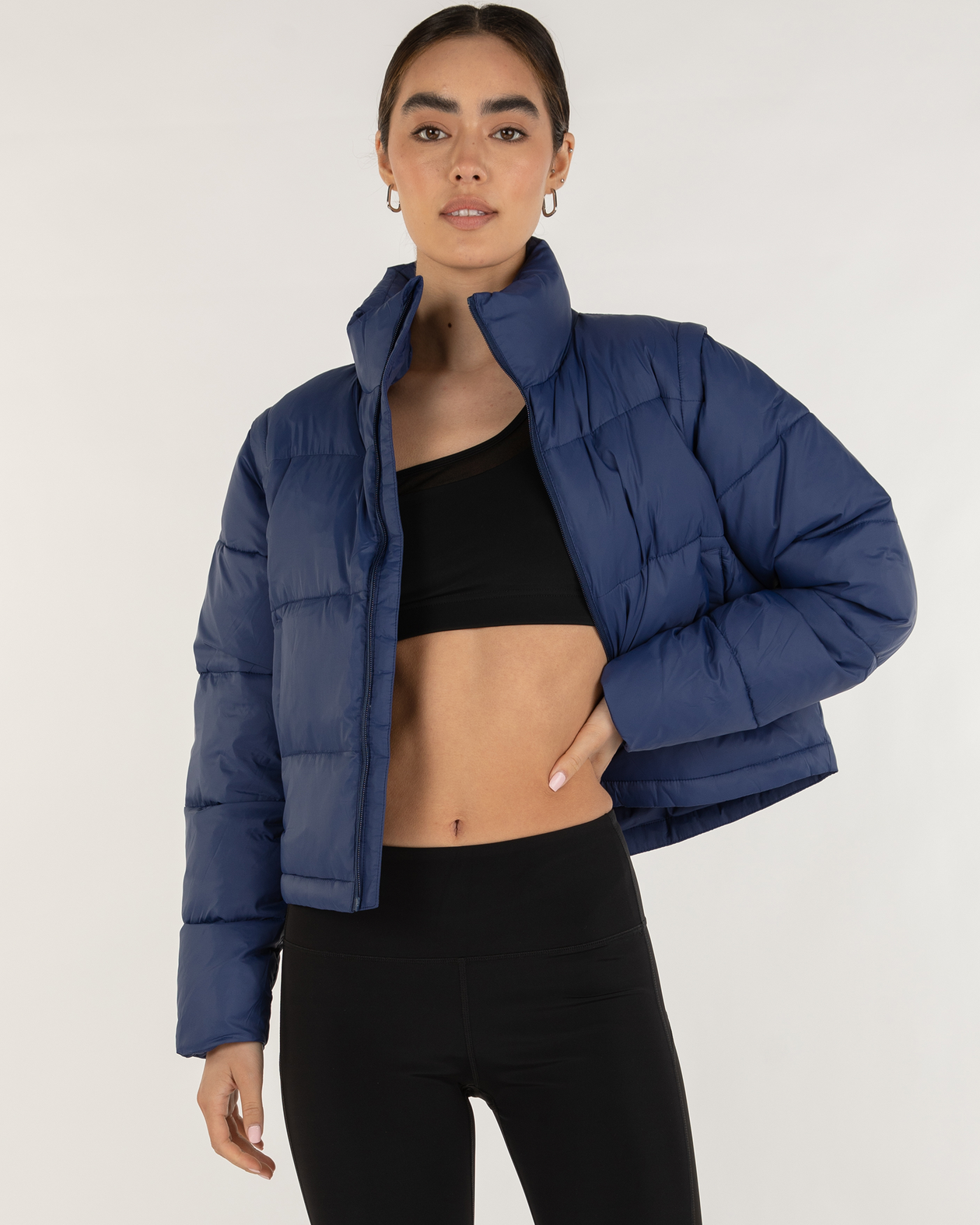 Blue puffer jacket cropped sales